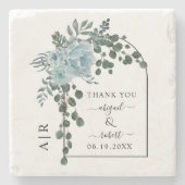 Stustblauw bloemen, boog en monogram bruiloft stenen onderzetter (Voorkant)