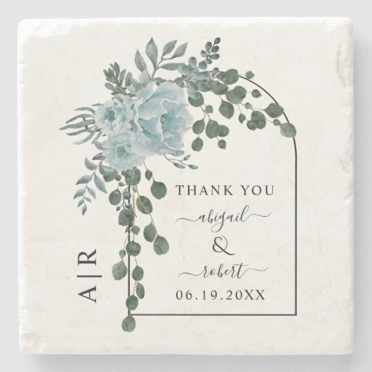 Stustblauw bloemen, boog en monogram bruiloft stenen onderzetter (Voorkant)
