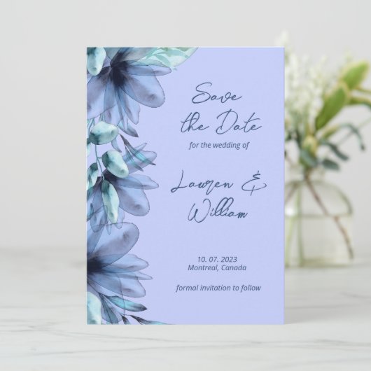 Stustblauw lavendel save the date (Staand voorkant)