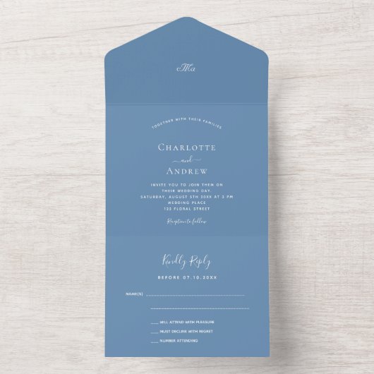 Stustblauwe elegante bruiloft all in one uitnodiging (Binnen)