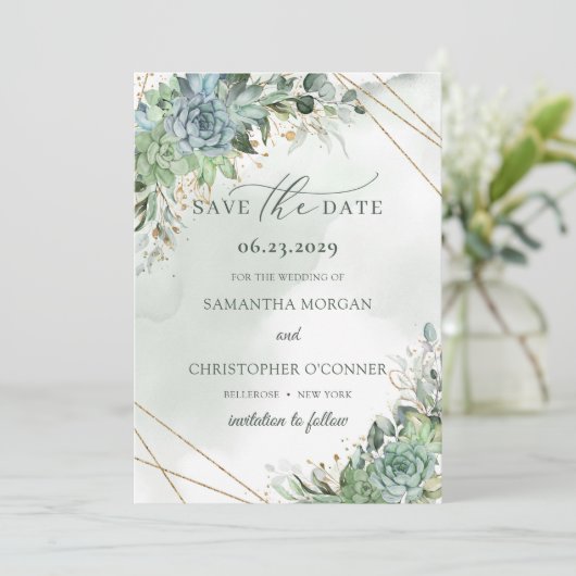 Stustgroen blauw succulent goud met uitzondering v save the date (Staand voorkant)