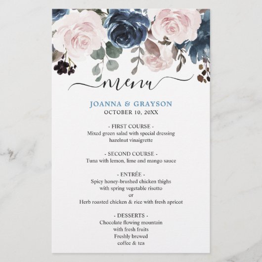 Stusty Blue Blush Pink Floral Wedding Menu (Voorkant)