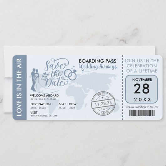 Stusty Blue Boarding Pass Destination Wedination Save The Date (Voorkant)