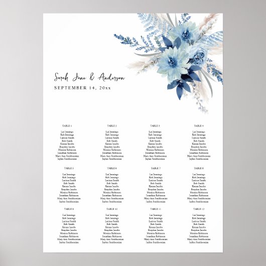 Stusty Blue Boho Floral Seating Chart -12 Poster (Voorkant)