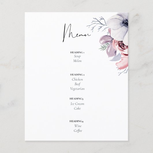Stusty Blue Coral Floral Script Wedding Menu Budge (Voorkant)