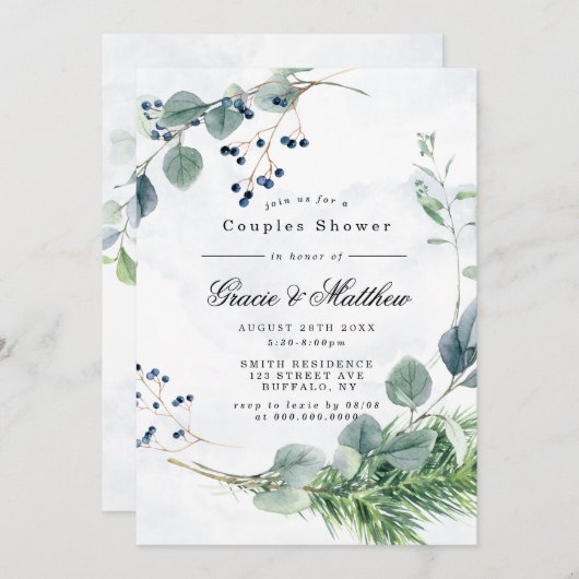 Stusty Blue Eucalyptus Couples Shower Invitations (Voorkant / Achterkant)