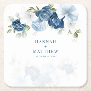 Stusty Blue Floral Eucalyptus Waterverf Weddenscha Vierkante Kartonnen Onderzetter