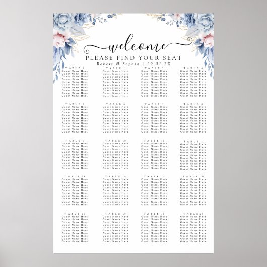 Stusty Blue Floral Seating Chart Poster (Voorkant)
