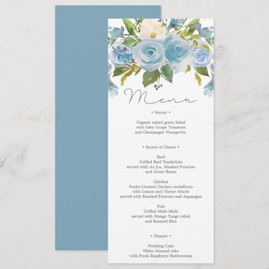 Stusty Blue Floral Wedding Menu of Shower Menu Kaart (Voorkant / Achterkant)