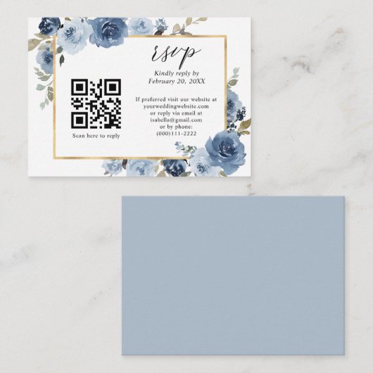 Stusty Blue Gold Pastel Floral QR Code Weddenschap Informatiekaartje (Voorkant / Achterkant)