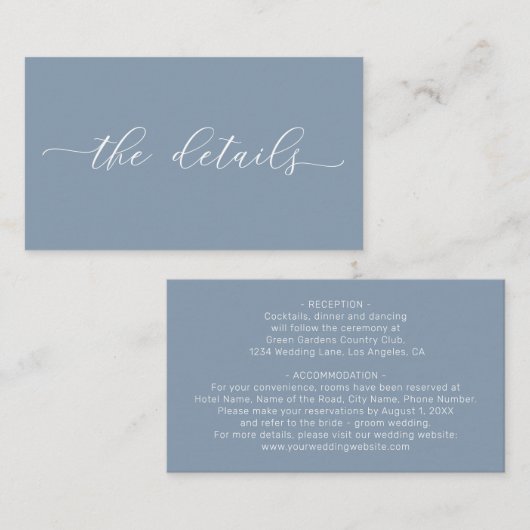Stusty Blue Minimalist Simple Weddenschap Details Informatiekaartje (Voorkant / Achterkant)