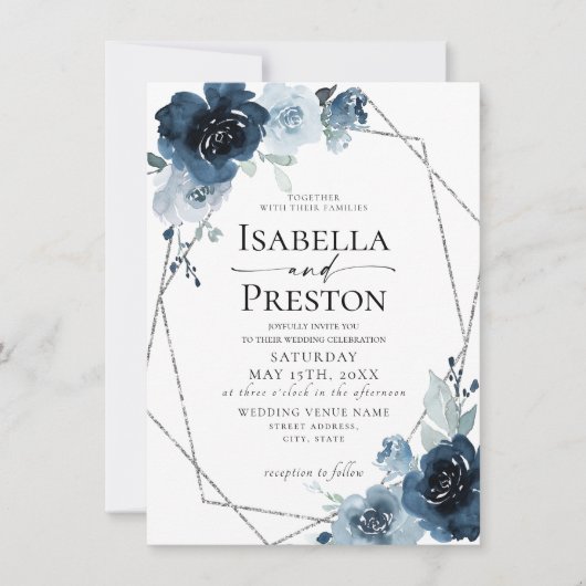 Stusty Blue Navy Pastel Silver Foil Floral Wedding Kaart (Voorkant)