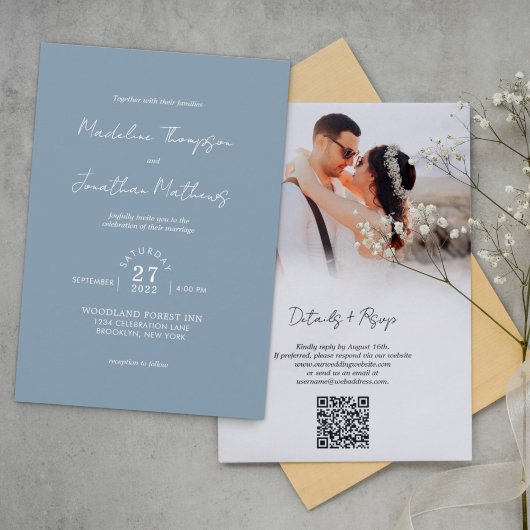 Stusty Blue Photo Budget Weddenschap QR Code Rsvp Kaart