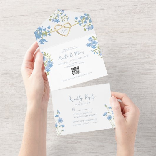 Stusty Blue QR Code Periwinkle Weddending All In One Uitnodiging (Afscheurbaar)