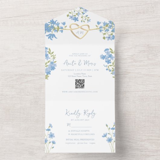 Stusty Blue QR Code Periwinkle Weddending All In One Uitnodiging (Binnen)
