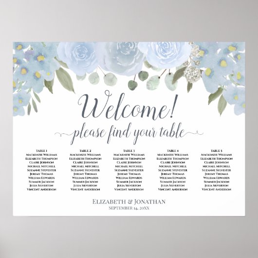 Stusty Blue Rozen 5 Table Wedding Seating Chart Poster (Voorkant)