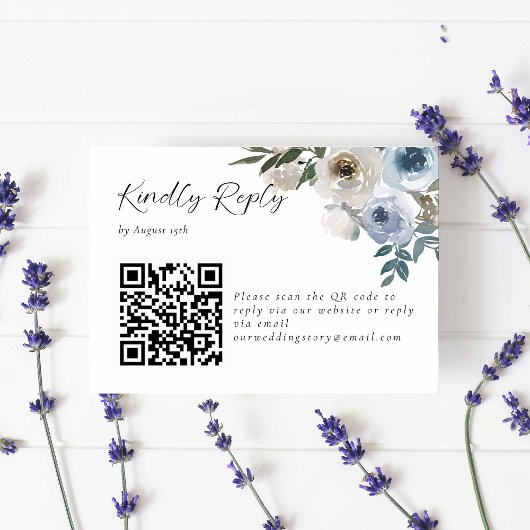 Stusty Blue Wedding Floral Kindly Reply QR Code RSVP Kaartje