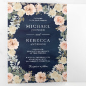 Stusty Peach Floral Navy Blue QR Code Weddenschap Drieluik Uitnodiging (Binnenzijde eerst)