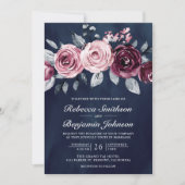 Stusty Pink Paarse Floral QR Code Navy Weddenschap Kaart (Voorkant)