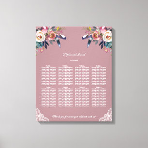 Stusty Roos Blue Floral Wedding Seating Chart Canvas Afdruk