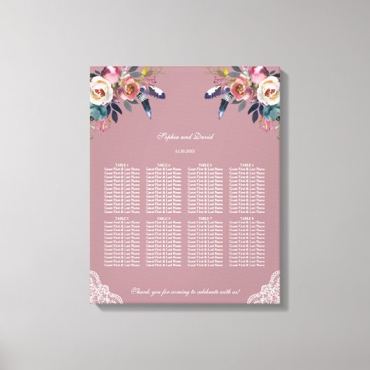 Stusty Roos Blue Floral Wedding Seating Chart Canvas Afdruk (Voorkant)