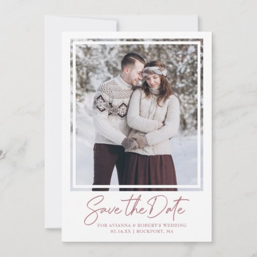 Stusty Roos roze tekst en fotobruiloft Save The Date (Voorkant)