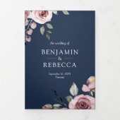 Stusty roze Roses Navy Blue QR Code Weddenschap Drieluik Uitnodiging (Cover)