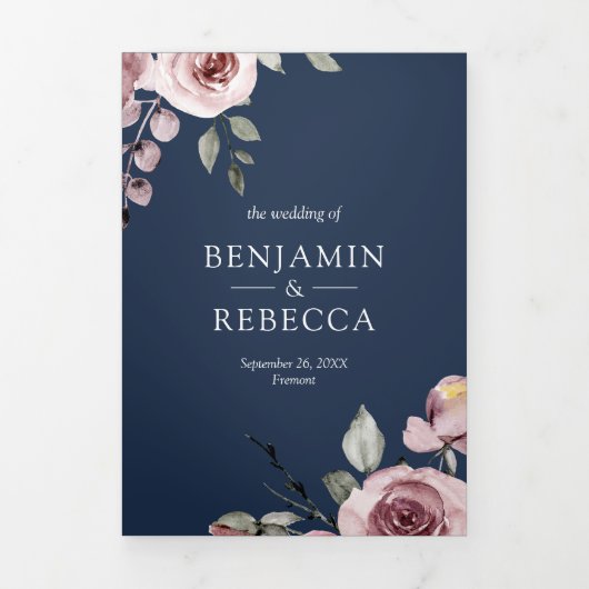 Stusty roze Roses Navy Blue QR Code Weddenschap Drieluik Uitnodiging (Cover)