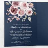 Stusty roze Roses Navy Blue QR Code Weddenschap Drieluik Uitnodiging (Binnenzijde eerst)