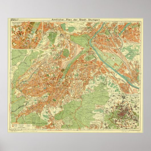 Stuttgart Map, Stuttgart Germany, Germany Map 1954 Poster (Voorkant)