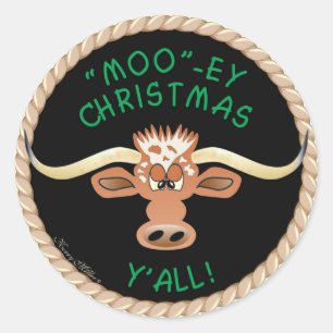 STUUR WENST U EEN "MOO" ~ EY KERSTMIS Y'ALL! RONDE STICKER