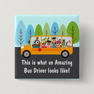 Stuurprogramma Cute Owl School Bus Vierkante Button 5,1 Cm