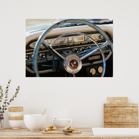 stuurwiel en dashboard op de borst poster (Keuken)