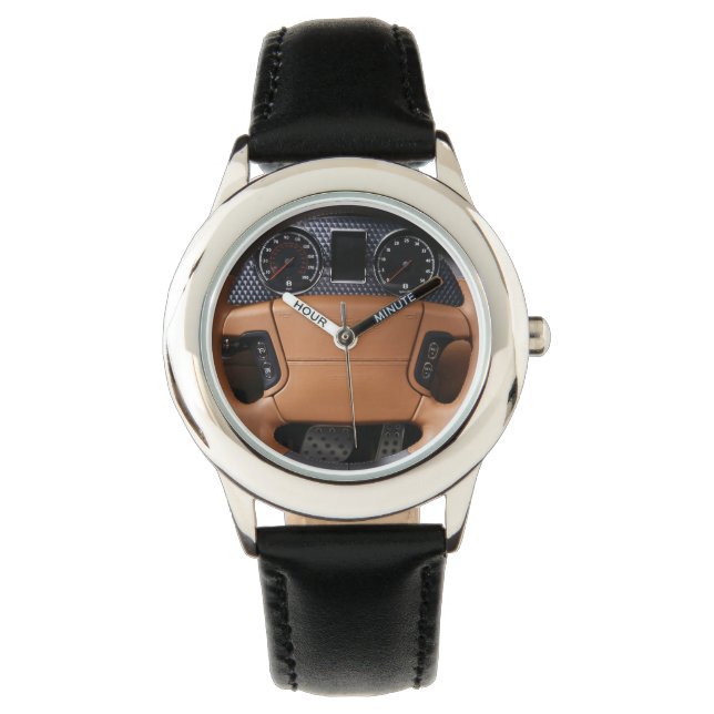 Stuurwielen Bruin Lederen Stijl Horloge (Voorkant)