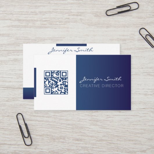 Style fort QR code carte de visite bleu profond (Devant/Arrière en situation)