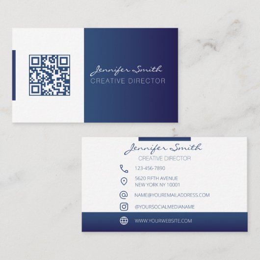 Style fort QR code carte de visite bleu profond (Devant / Derrière)