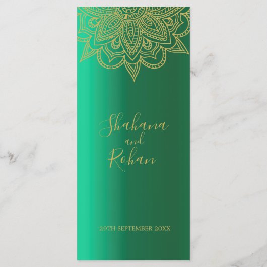 Style Indien Vert Or Couleur Chic Mariage Menu (Dos)