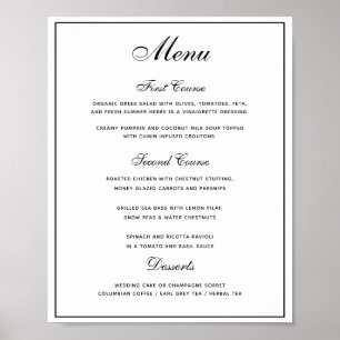 Style noir blanc 3 plats Mariage Menu Poster