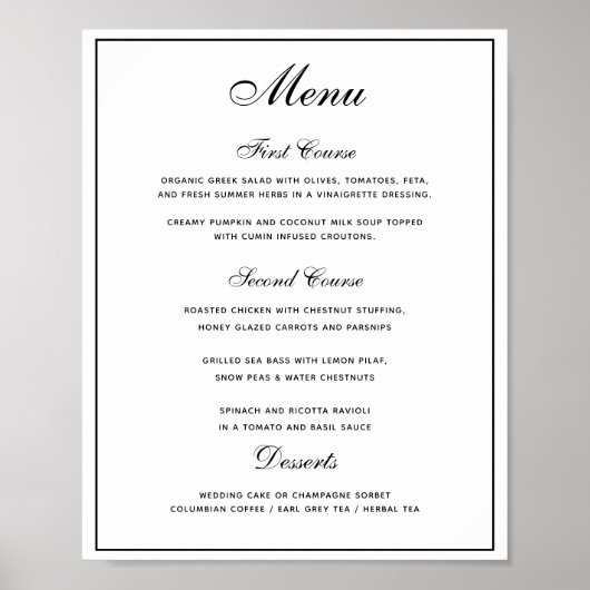 Style noir blanc 3 plats Mariage Menu Poster (Devant)