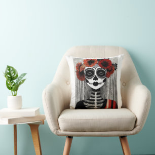 Stylisé La Catrina Coussin : Noir, Rouge et Blanc