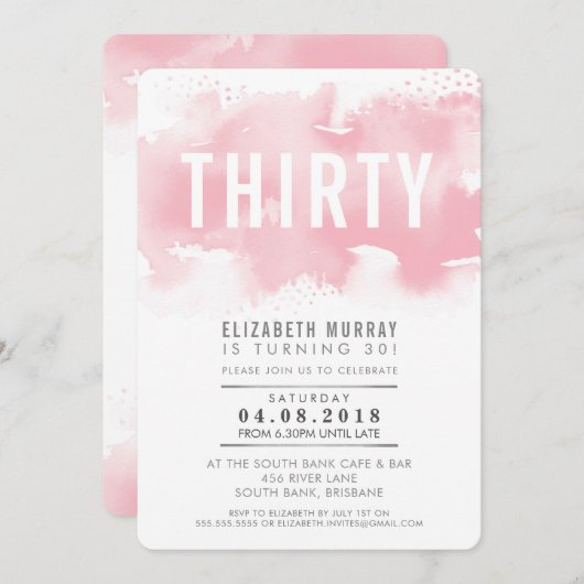 STYLISH 30e anniversaire INVITATION aquarelle rose (Devant / Derrière)