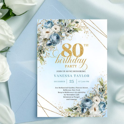 Stylish 80th Birthday Invitation Dusty Blue Gold 