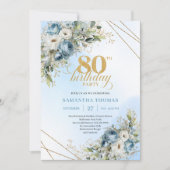 Stylish 80th Birthday Invitation Dusty Blue Gold  (Devant)