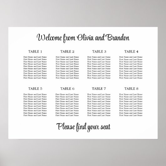 Stylish 8 Table Wedding Seating Chart Poster (Devant)