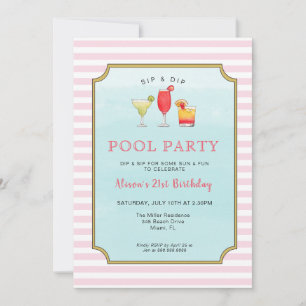 Stylish Adult Cocktail Summer Birthday Pool Party Kaart