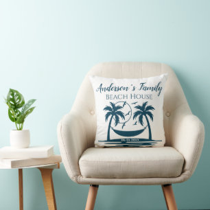 Stylish Beach House Palm Tree Hammock Familienaam Kussen