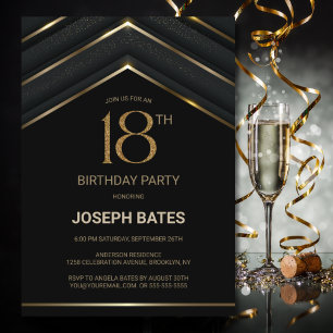 Stylish Black Gold 18th Birthday Party Kaart