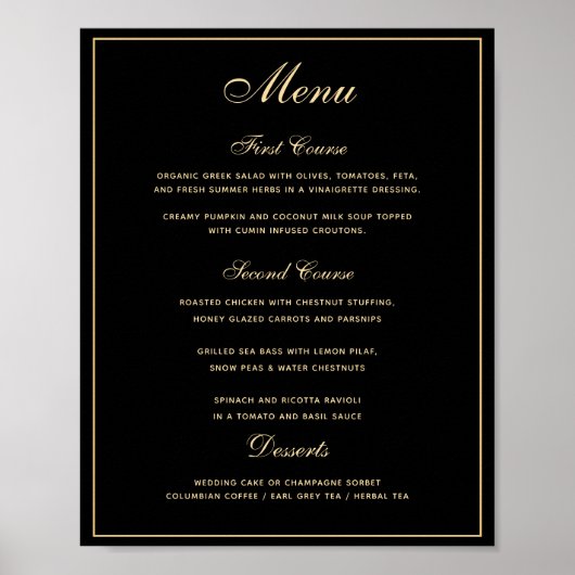 Stylish Black Gold 3-cursus Wedding Menu Poster (Voorkant)