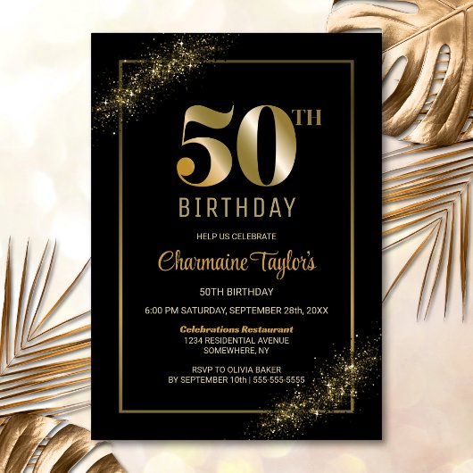 Stylish Black Gold 50th Birthday Party Kaart