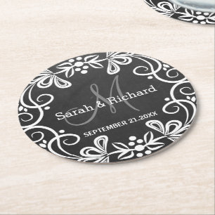 Stylish Black White Chalkboard Wedding Monogram Ronde Kartonnen Onderzetter